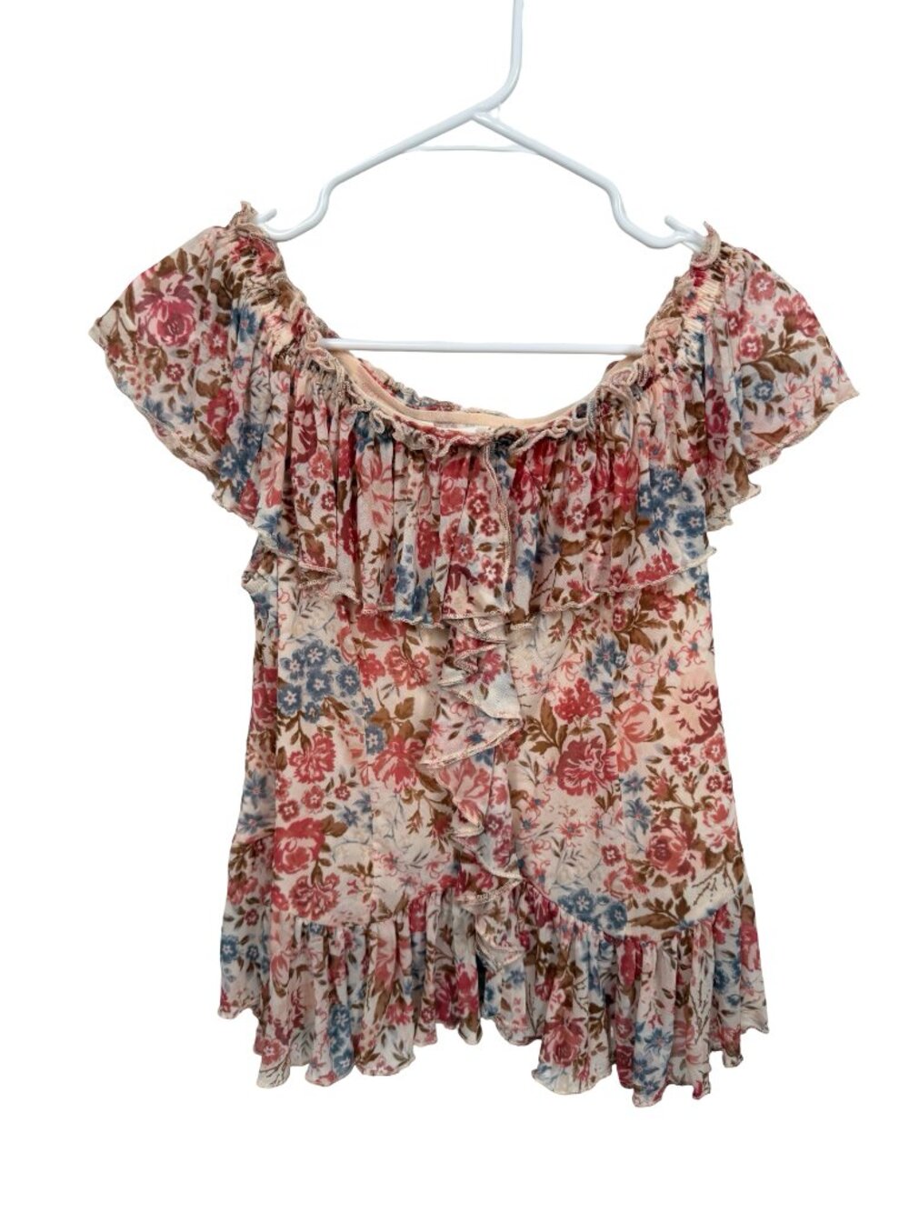 Cato Off Shoulder Top Blouse XS Multicolor Floral Ruffle Festival Western Mesh